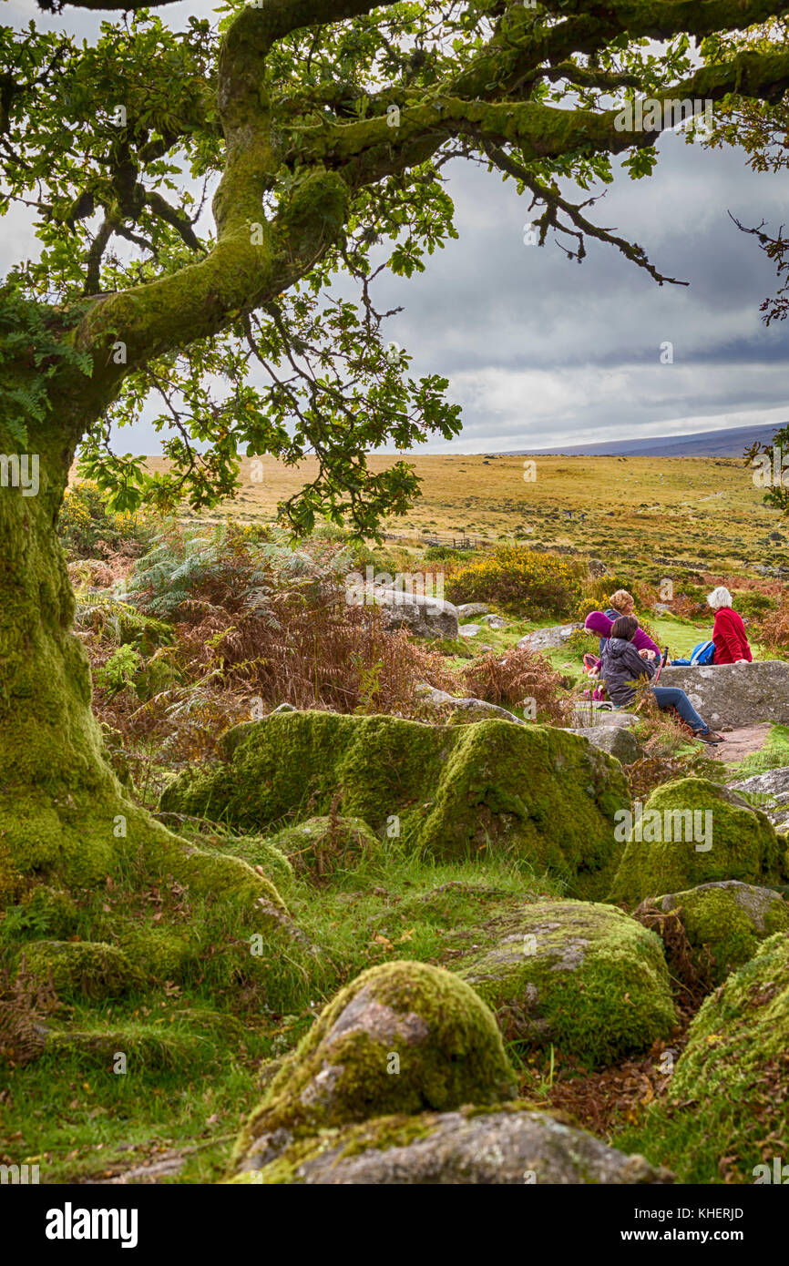 Le donne sedute godendo le viste da Wistman il legno, il Parco Nazionale di Dartmoor, Devon, Regno Unito nel mese di settembre - effetto hdr Foto Stock