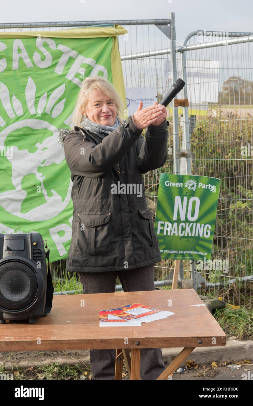 Kirby Misperton, UK. 17 Nov, 2017. Verde ex leader del Partito Natalie Bennett rende discorso all'esterno del terzo fracking energia sito a Kirby Misperton nel North Yorkshire Credito: Richard Burdon/Alamy Live News Foto Stock Kirby Misperton, UK. 17 Nov, 2017. Verde ex leader del Partito Natalie Bennett rende discorso all'esterno del terzo fracking energia sito a Kirby Misperton nel North Yorkshire Credito: Richard Burdon/Alamy Live News Foto Stock