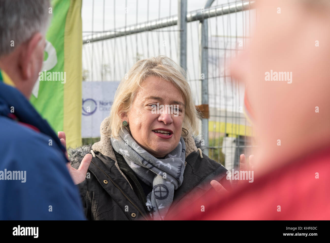 Kirby Misperton, UK. 17 Nov, 2017. Verde ex leader del Partito Natalie Bennett rende discorso all'esterno del terzo fracking energia sito a Kirby Misperton nel North Yorkshire Credito: Richard Burdon/Alamy Live News Foto Stock Kirby Misperton, UK. 17 Nov, 2017. Verde ex leader del Partito Natalie Bennett rende discorso all'esterno del terzo fracking energia sito a Kirby Misperton nel North Yorkshire Credito: Richard Burdon/Alamy Live News Foto Stock