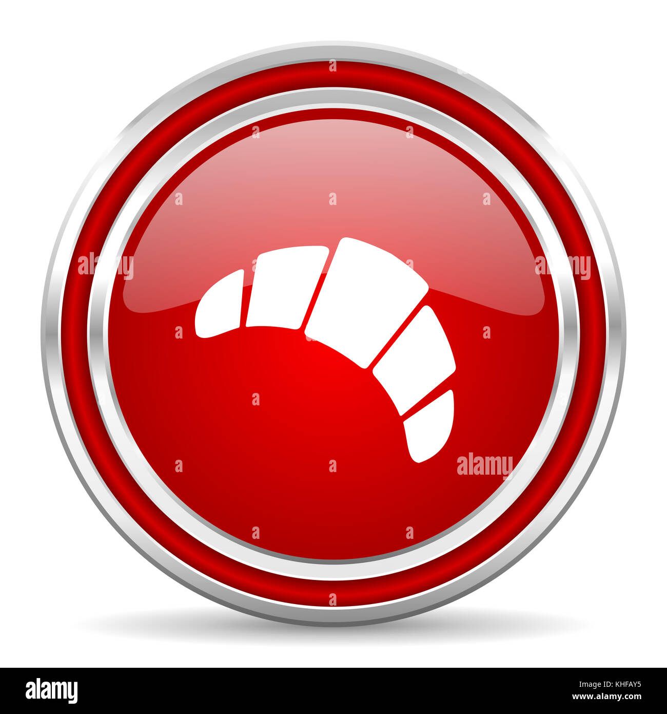 Croissant rosso argento con bordo cromato metallizzato e icona del telefono cellulare su sfondo bianco con ombra Foto Stock