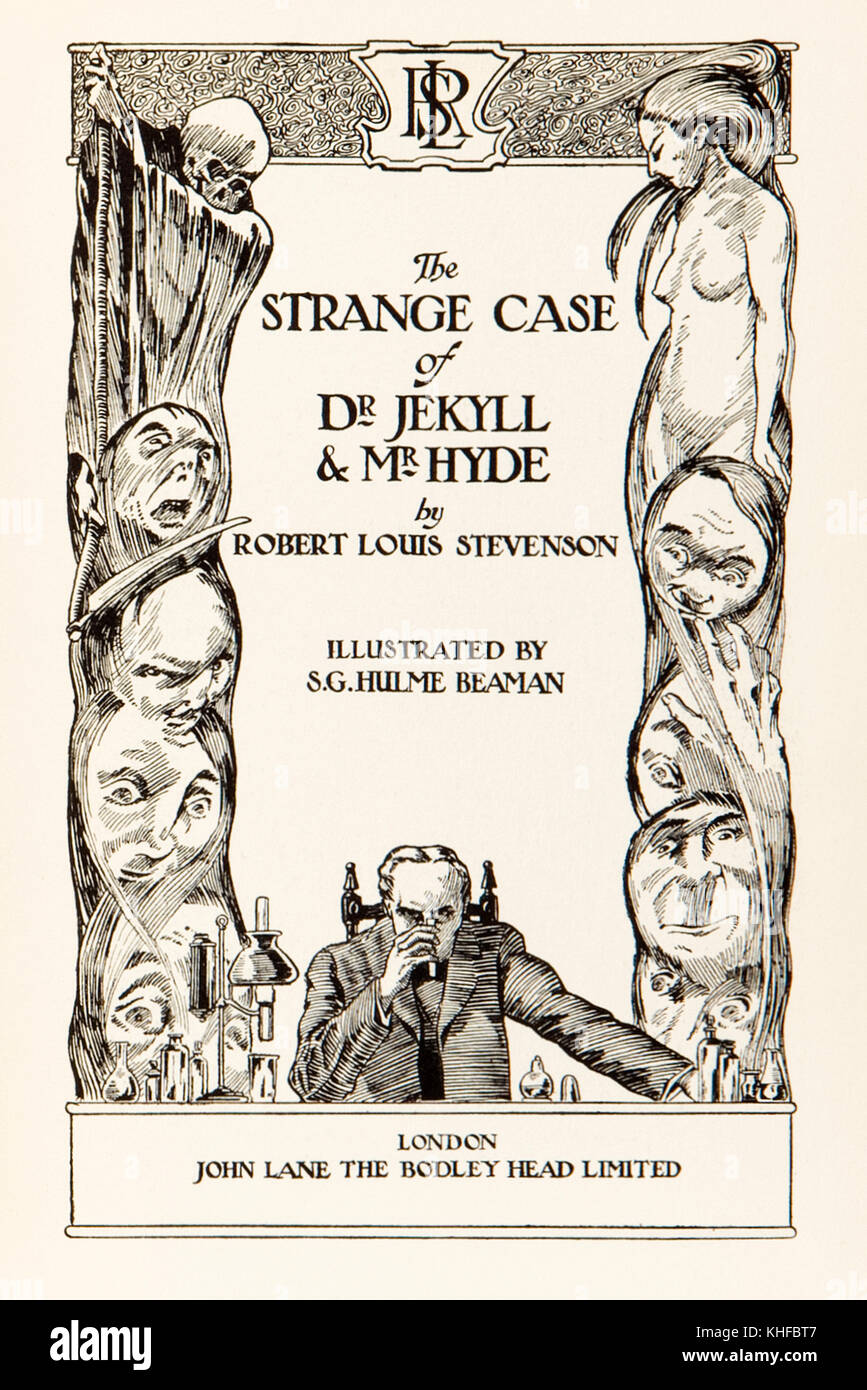 Titolo pagina dal' strano caso del dottor Jekyll e Mr Hyde' di Robert Louis Stevenson (1850-1894). Illustrazione di S.G. Hulme Beamam (1887-1932) per un 1930 edition.Vedere ulteriori informazioni qui di seguito. Foto Stock