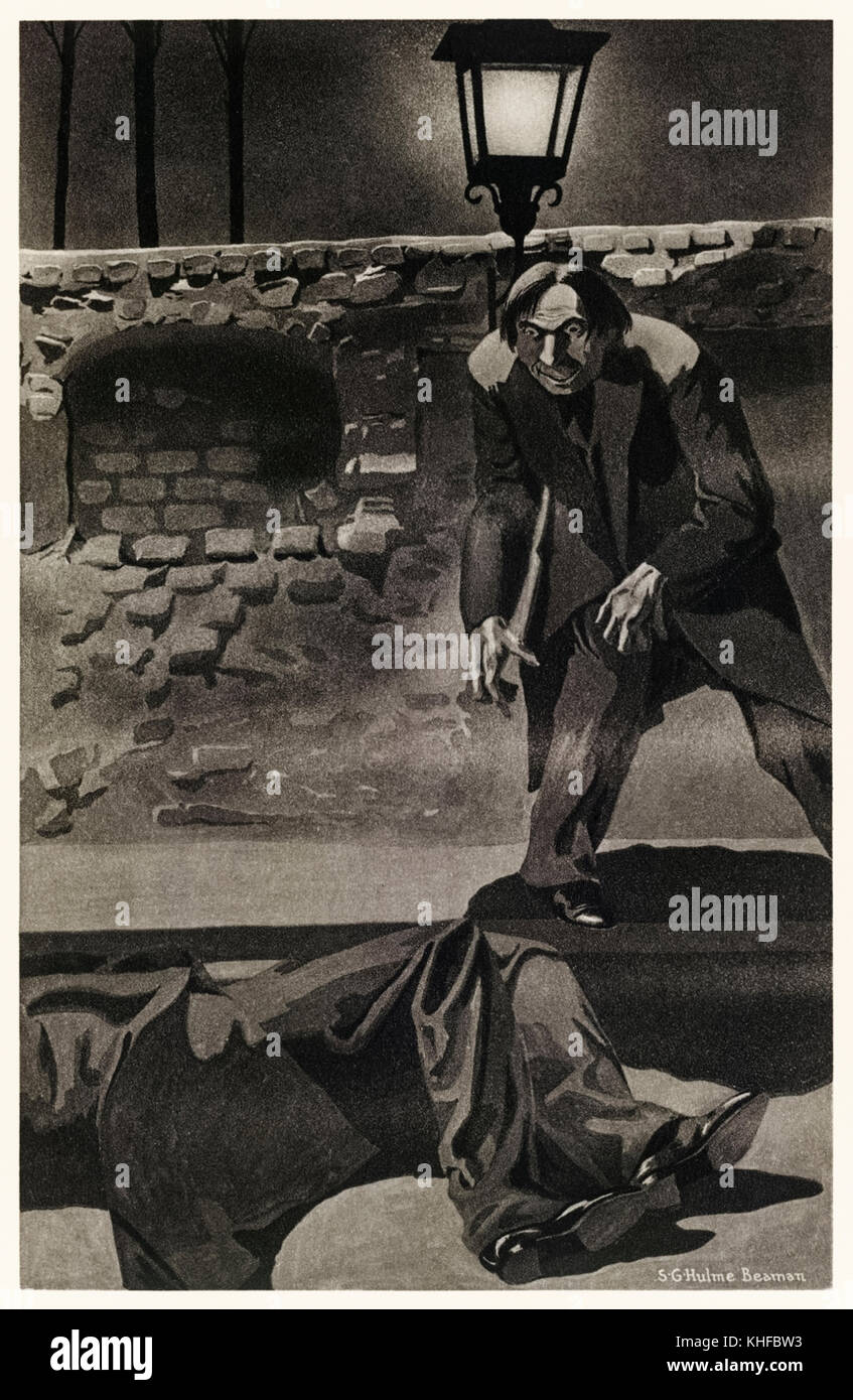 "Sono fuggiti dalla scena di questi eccessi in una volta vanto e tremante' dal' strano caso del dottor Jekyll e Mr Hyde' di Robert Louis Stevenson (1850-1894). Illustrazione di S.G. Hulme Beamam (1887-1932) per un 1930 edition mostra un furioso Mr Hyde dopo l omicidio di Sir Danvers Carew MP in strada. Vedere ulteriori informazioni qui di seguito. Foto Stock