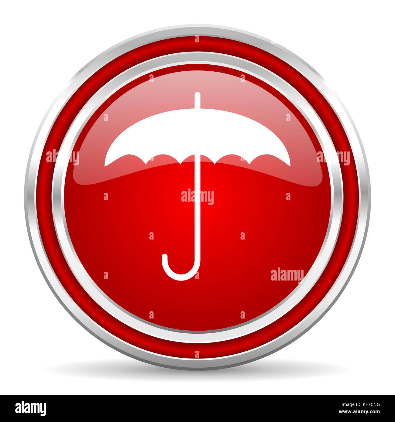 Ombrello rosso argento con bordo cromato metallizzato icona del Web e del telefono cellulare su sfondo bianco con ombra Foto Stock