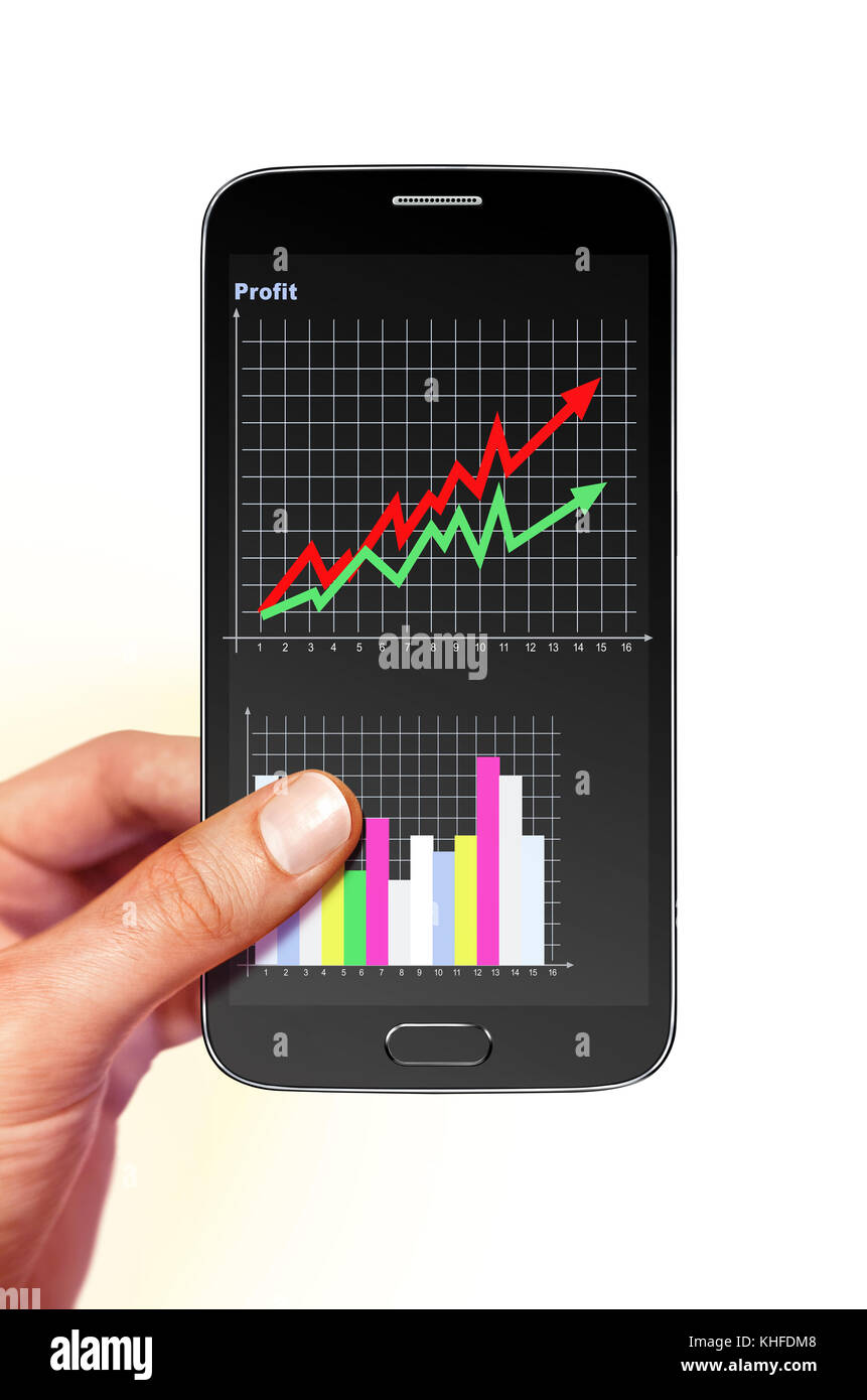 Smartphone con schema di profitto su schermo in mano Foto Stock