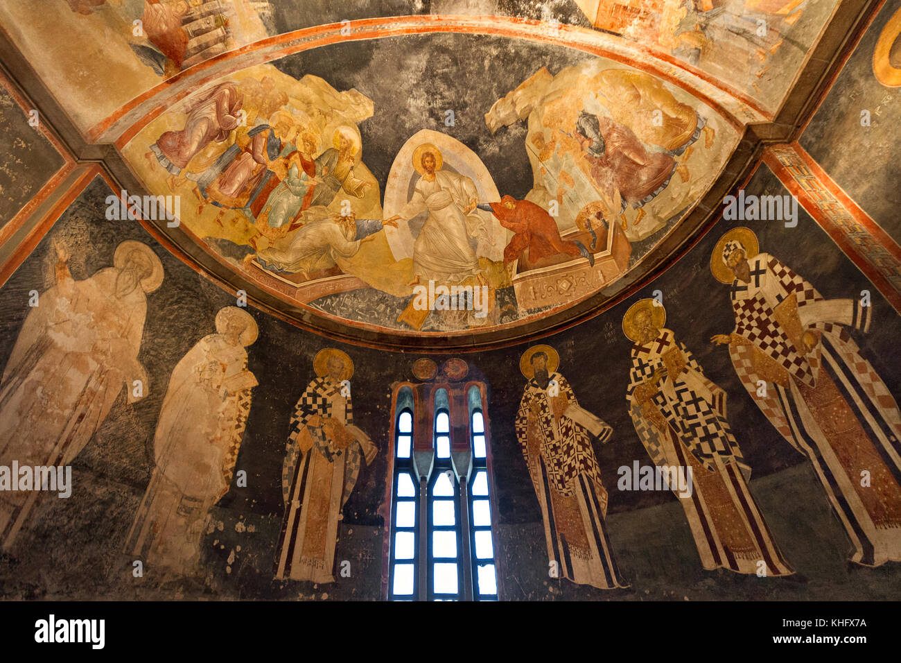Gli affreschi bizantini e mosaici all'interno della Chiesa di Chora, ad Istanbul in Turchia. Foto Stock