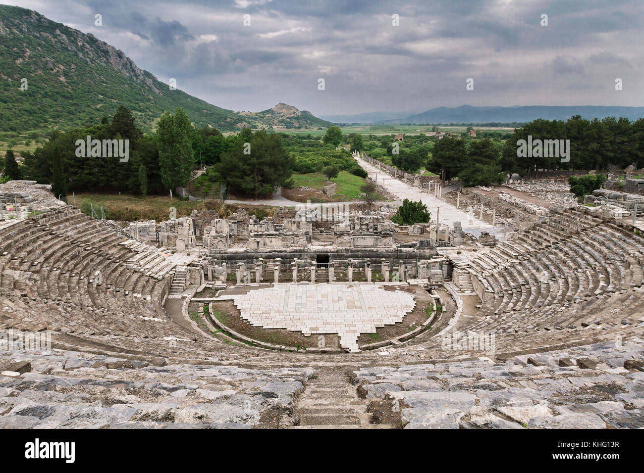 Anfiteatro antico in rovine romane di Efeso, Selcuk, Izmir, in Turchia. Foto Stock