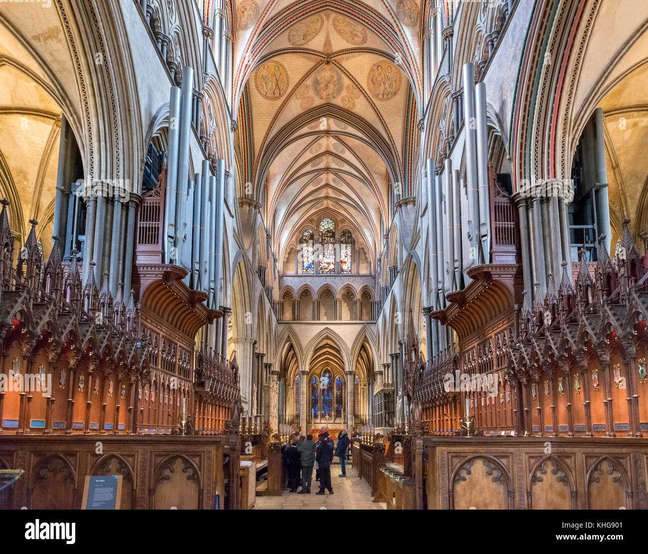 Cudiero (coro) nella Cattedrale di Salisbury, Salisbury, Wiltshire, Inghilterra, Regno Unito Foto Stock