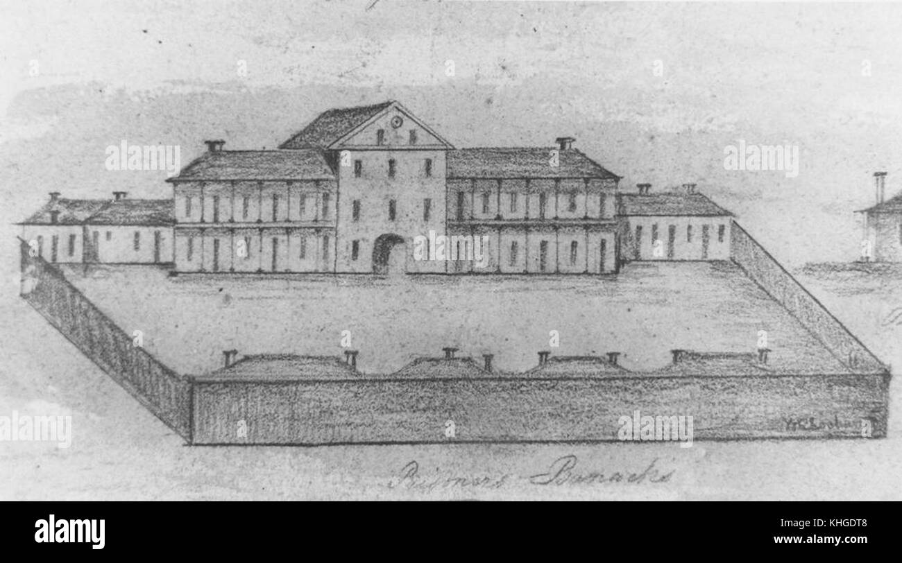Questo schizzo della Convict Barracks di Brisbane del 1832 fornisce uno sguardo sulla prima storia penale dell'Australia. Le caserme facevano parte del sistema di detenzione britannico, ospitavano i prigionieri prima del loro lavoro nella colonia in via di sviluppo. Foto Stock