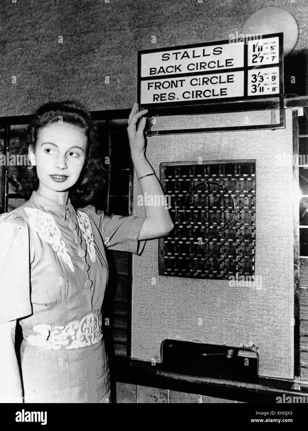 Una giovane signora tiene una bacheca che elenca i prezzi aggiornati dell'intrattenimento, tasse incluse, a Brisbane nel 1942. Foto Stock