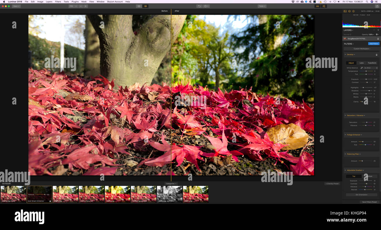 Screenshot del nuovo software di editing fotografico Luminar 2018 da Skylum / macphun essendo utilizzata per modificare una immagine fotografica su un iMac Foto Stock