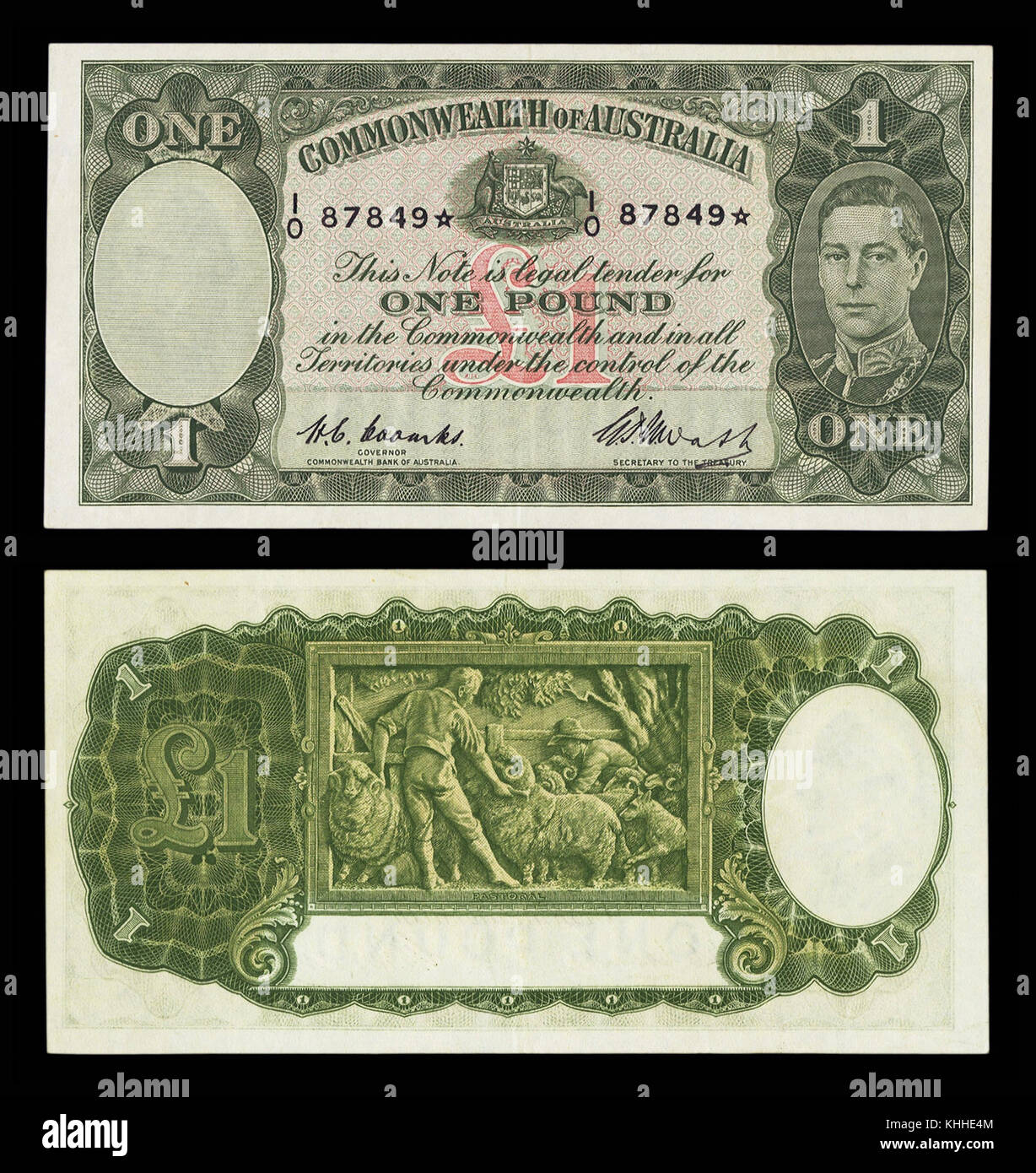 Una banconota da una sterlina di ricambio del 1949 emessa dalla Commonwealth Bank of Australia. Questa nota fa parte di una serie di valute pubblicate dopo la seconda guerra mondiale, che rappresenta la storia economica e la politica monetaria dell'Australia durante la metà del XX secolo. Foto Stock