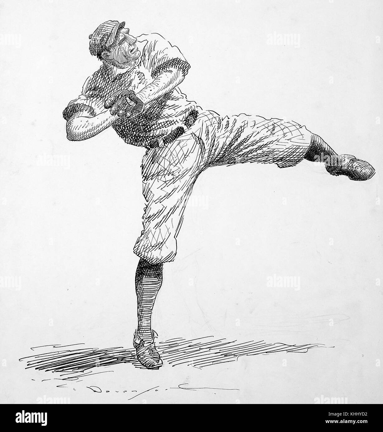 Un'illustrazione di un giocatore di baseball in uniforme, il giocatore è un lanciatore che si sta avvolgendo per lanciare il suo campo in uno stile che era nuovo al momento della pubblicazione dell'illustrazione, 1900. Dalla Biblioteca pubblica di New York. Foto Stock