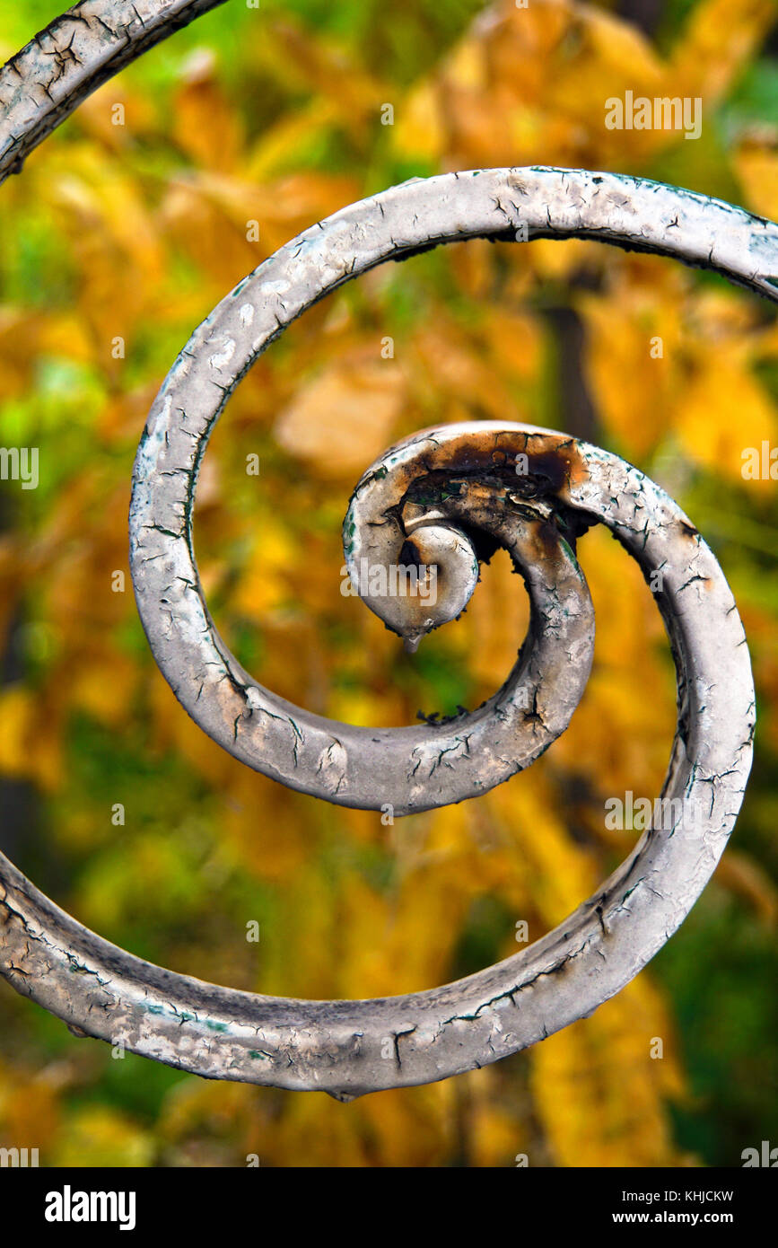 Rusty decorazioni a spirale su un vecchio trascurato ornamentali recinzione in ferro Foto Stock
