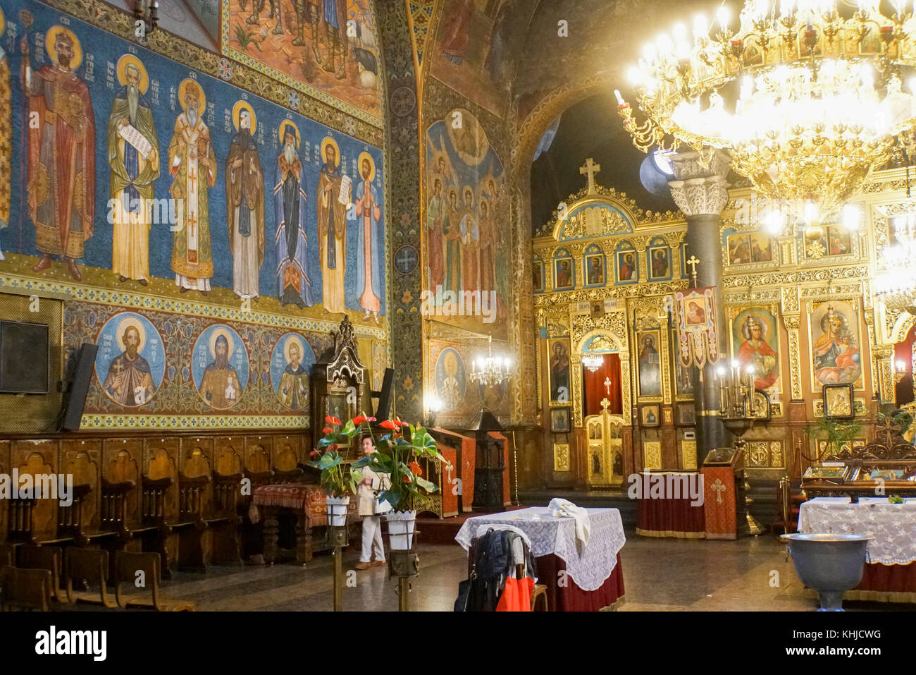 Arte religiosa nell'interno di una chiesa di Sofia, Bulgaria Foto Stock