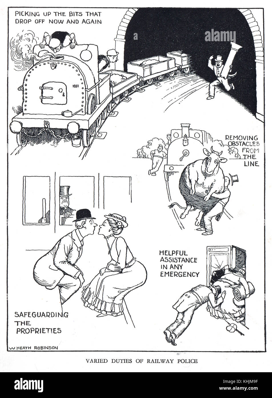 Vari compiti della polizia ferroviaria, Cartoon di William Heath Robinson Foto Stock