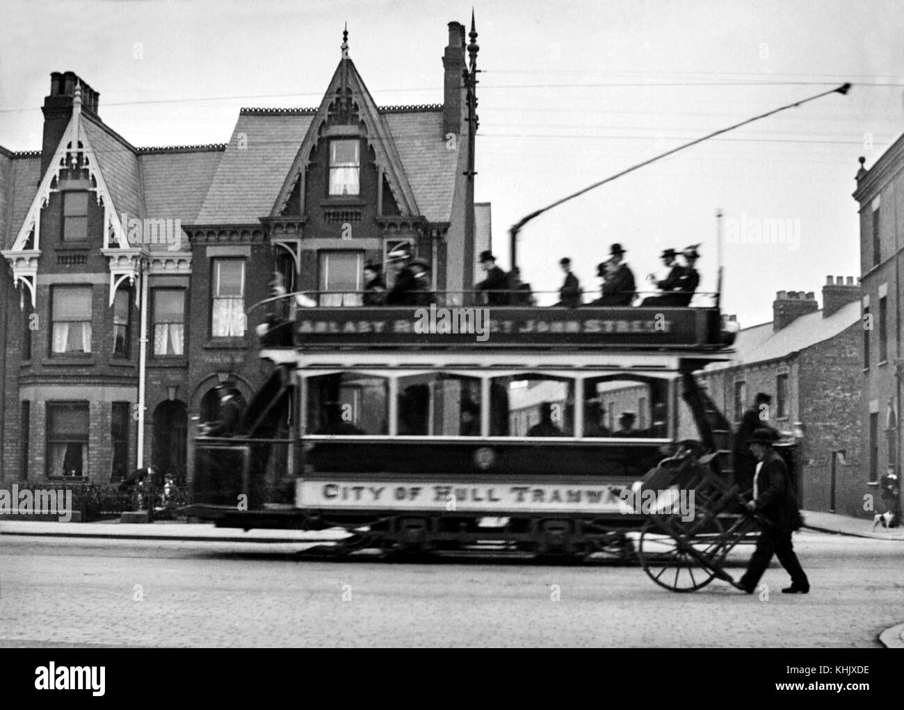 Hull Tramways tram City of Hull St Johns Street e Anlaby Road. Intorno al 1900 Foto Stock