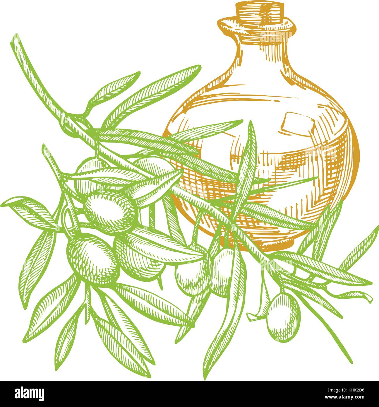 Un ramo di olive mature è succosa versata con olio. farmers market menu design. cibo organico poster. mano vintage bozzetto illustrazione vettoriale. grafico lineare. Illustrazione Vettoriale