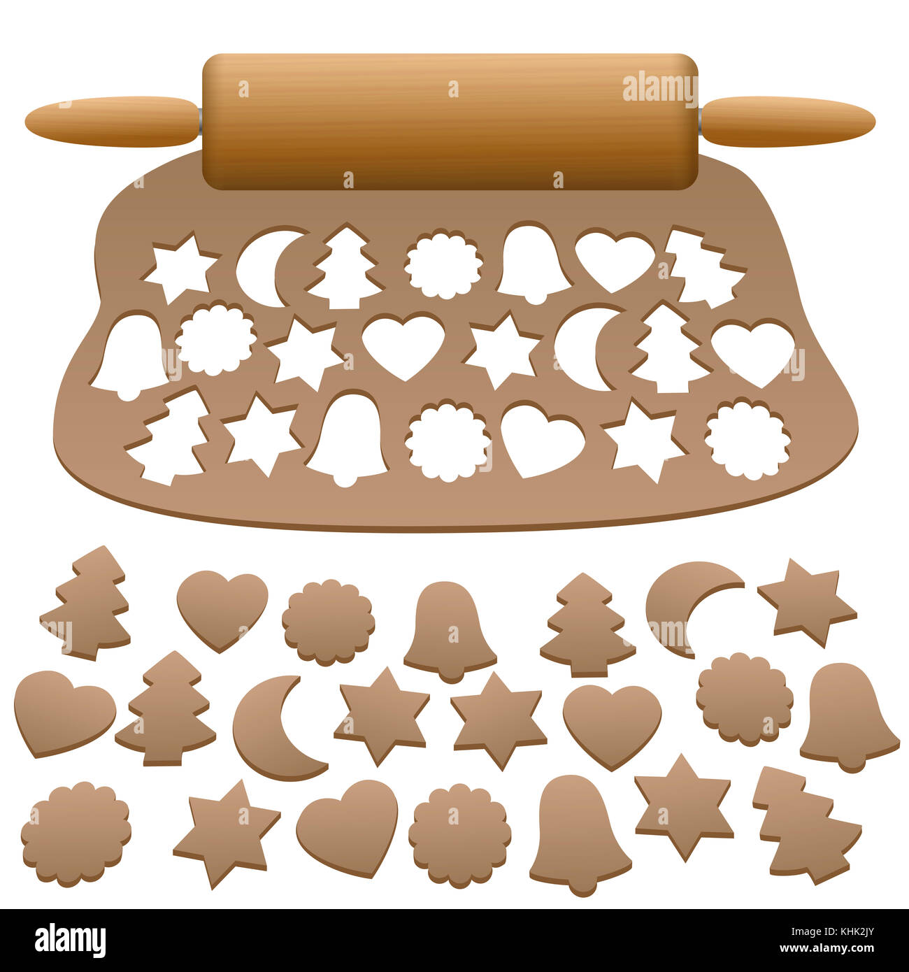 Lebkuchen di pasta di legno con il mattarello e tagliare fuori gingerbread cookie - illustrazione su sfondo bianco. Foto Stock