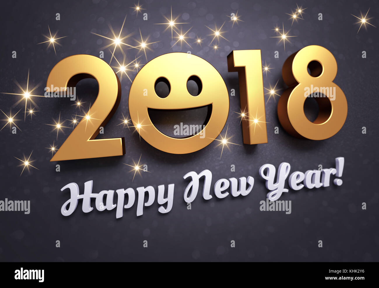 Lieto anno nuovo data 2018, saluti e volto sorridente, su una scintillante sfondo nero - 3d illustrazione Foto Stock