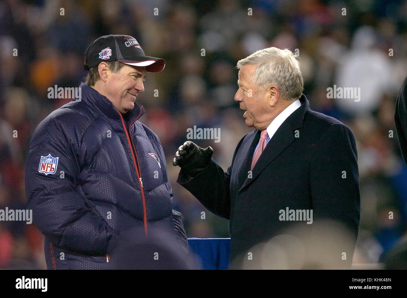 20 Gennaio 2008: Patriot Head Coach Bill Belichick e proprietario Robert Kraft durante la celebrazione postgame. Foto Stock