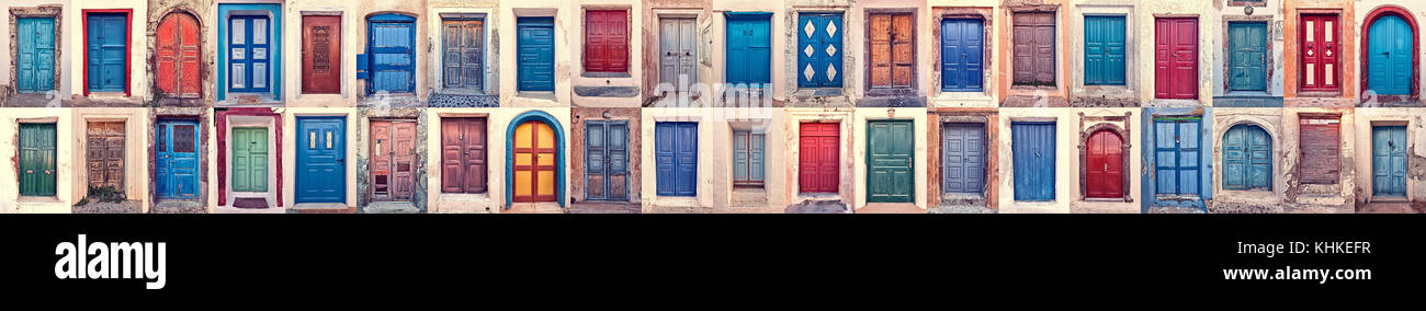 Composizione di differenti colorata Vecchia porte in Grecia SANTORINI Foto Stock