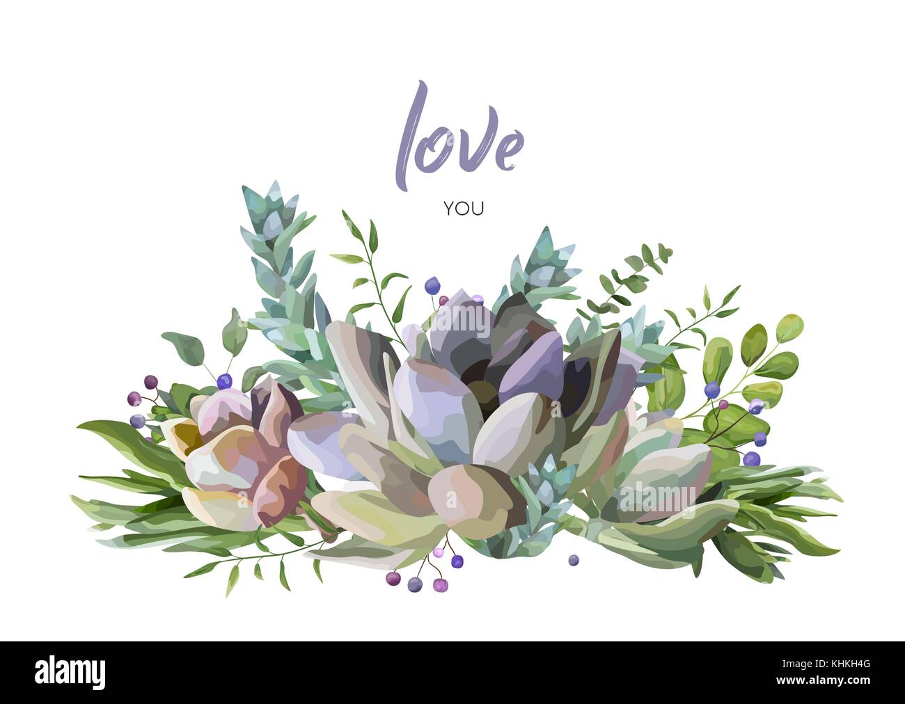Scheda vettore design con succulenti di piante e fiori berry & erbe mix foglia acquerello disegnato a mano bouquet di bellezza. elegante cartolina arte verde invitare incantevole Illustrazione Vettoriale