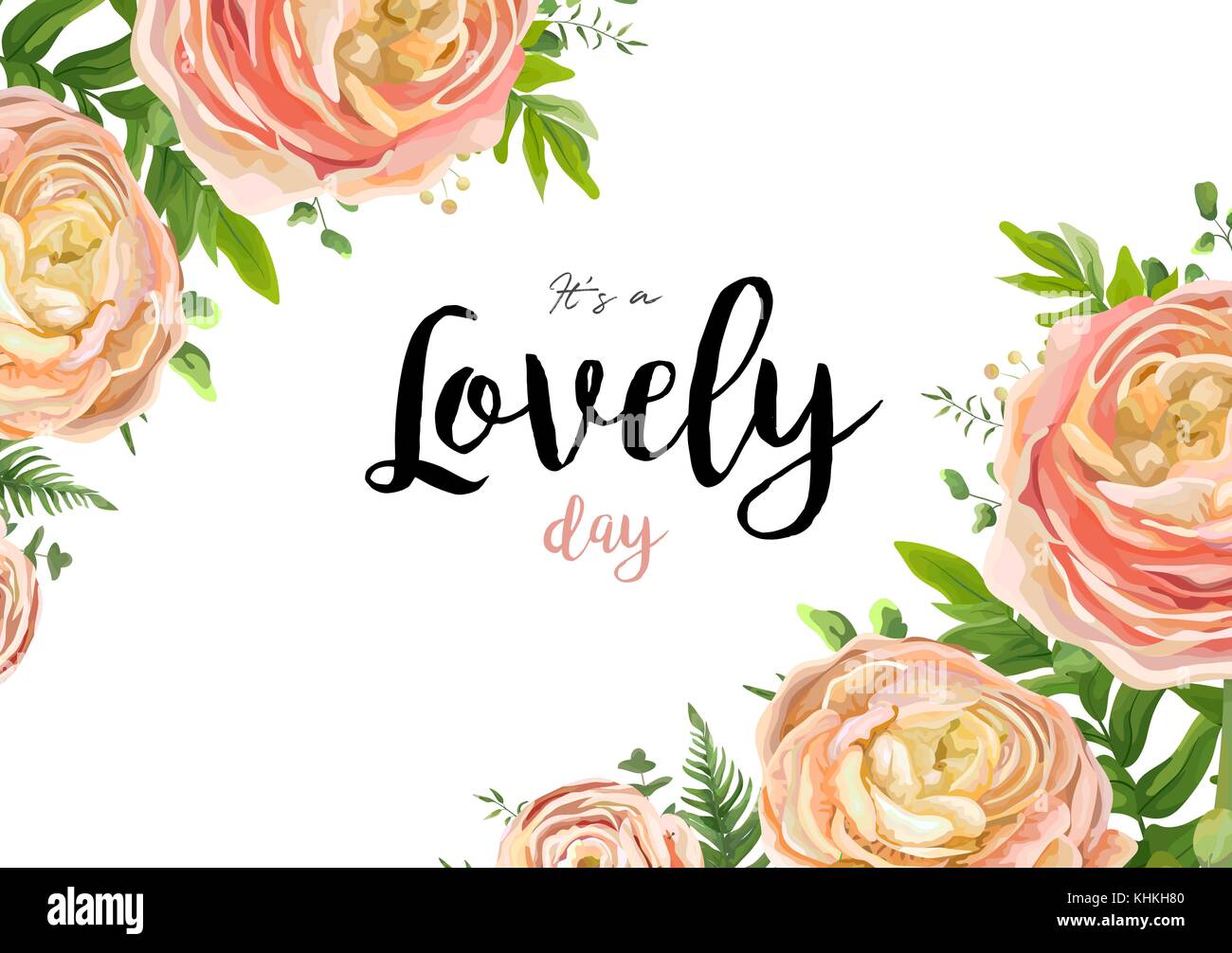 Vector floreali stile acquerello carte di progettazione: rosa peach rose ranuncoli fiori Verde Eucalipto, fern frond lascia la cornice naturale bellezza confine. vec Illustrazione Vettoriale