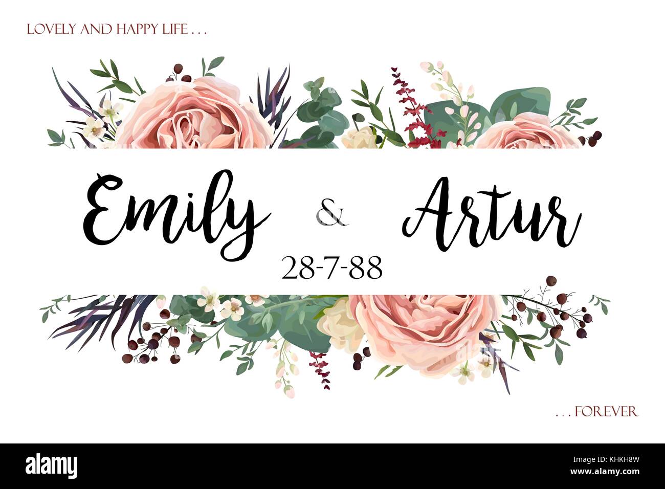 Invito di nozze invito salva la data carta acquerello floreale stile design: lavanda rosa antico giardino di rose, eucalipto foglie agonis herb berry fram Illustrazione Vettoriale