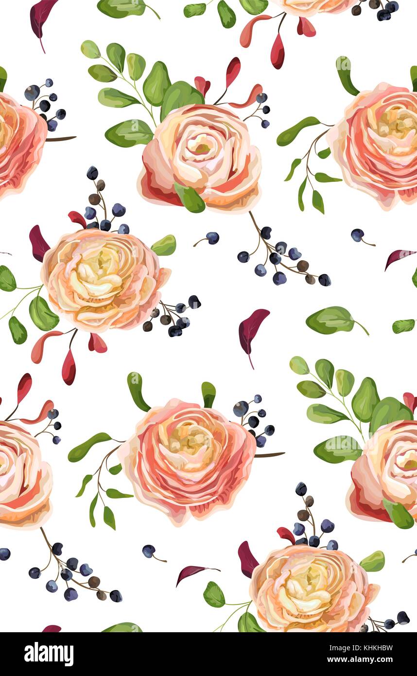 Vector seamless motivo floreale di rosa rosa ranuncoli fiori, verde foglia di felce, blue berry. mano sfondo disegnato in stile acquarello. botanica, Illustrazione Vettoriale