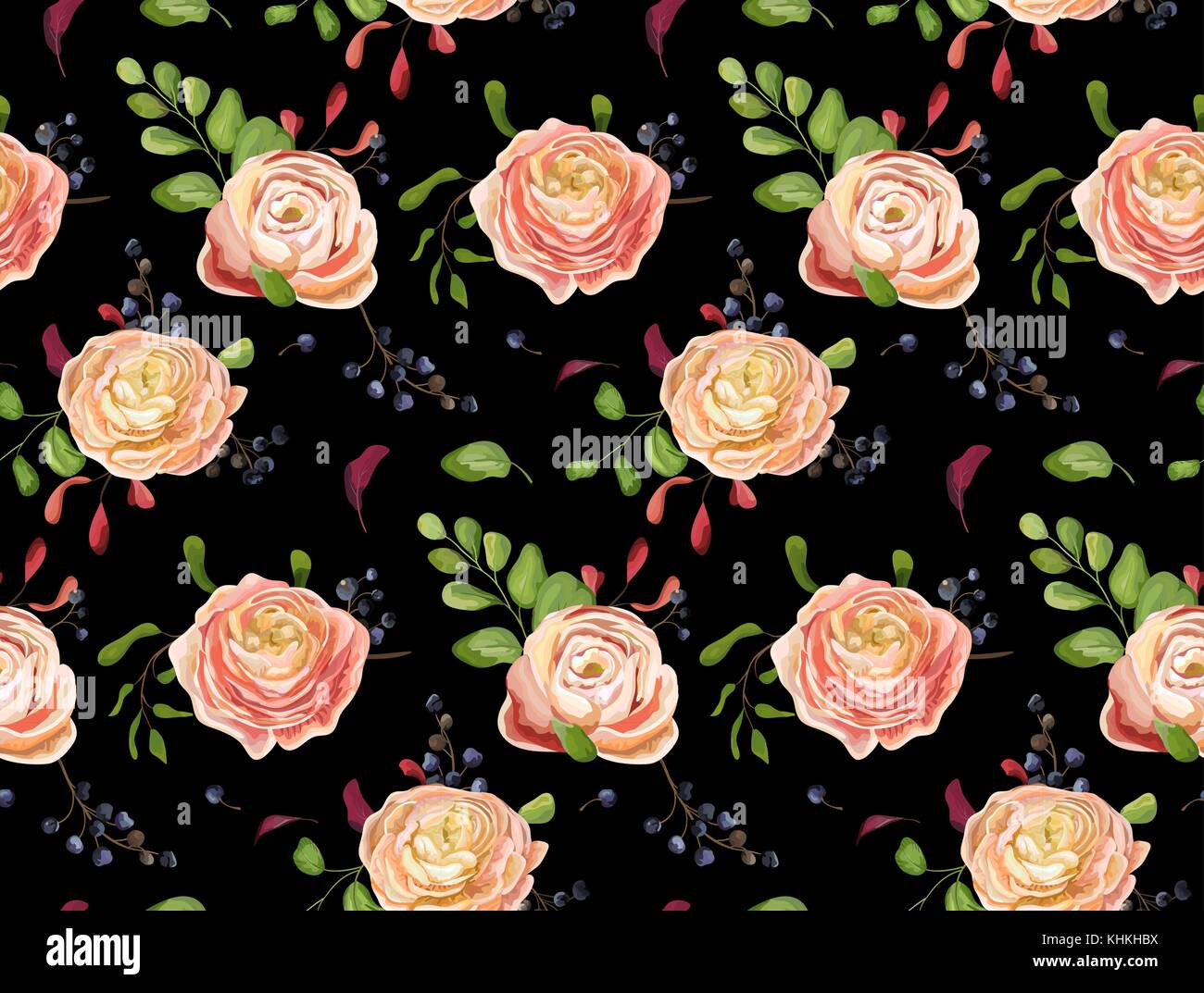 Vector seamless motivo floreale di rosa rosa ranuncoli fiori, verde foglia di felce berry. mano sfondo disegnato in stile acquarello. natura decorativ Illustrazione Vettoriale