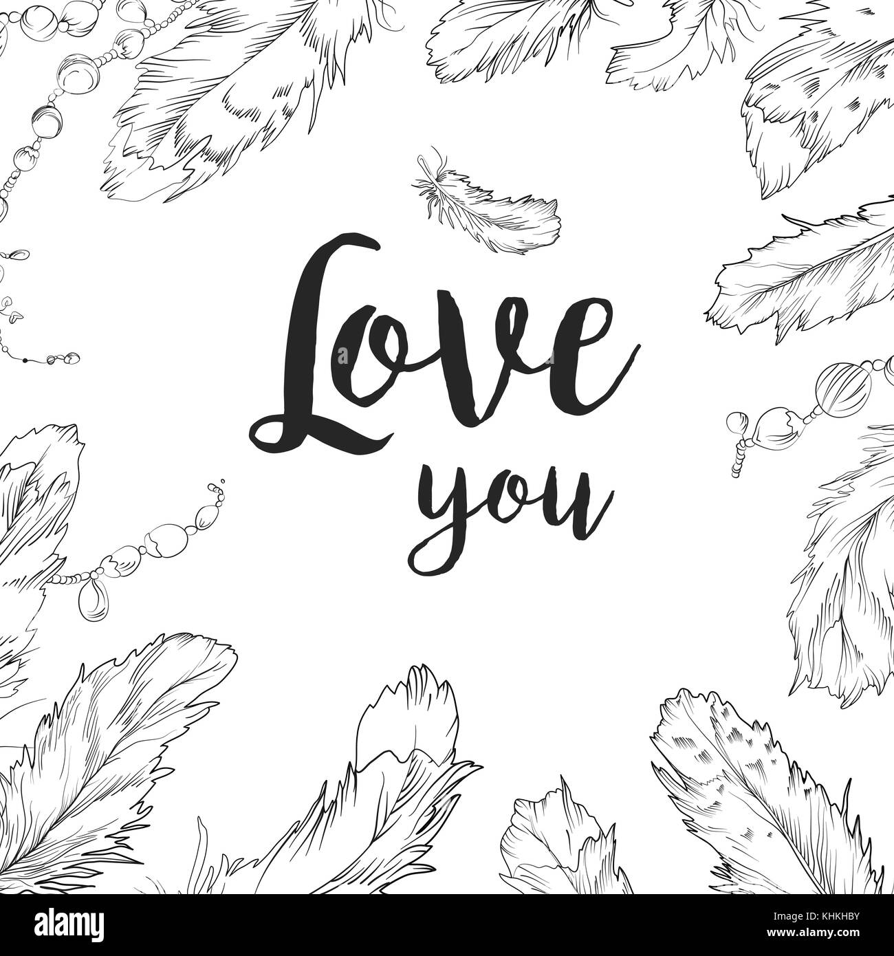 Scheda vettore design: uccello piuma & cordone disegnati a mano bordo del frame. monocromatico grigio nero inchiostro della penna un disegno a righe in stile bohemien per invito a nozze p Illustrazione Vettoriale