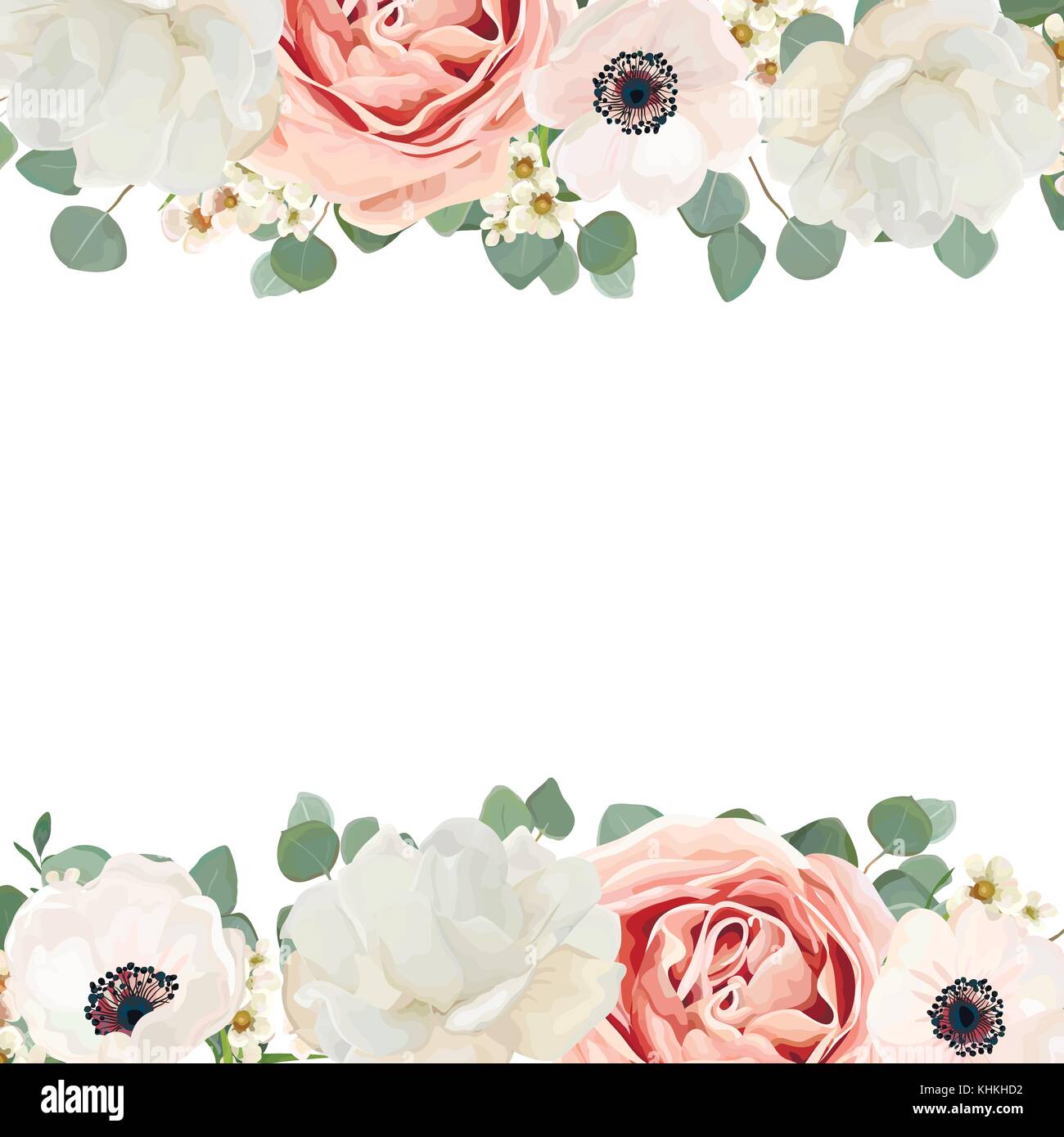 Vettore scheda floreali design con bouquet di fiori di pesco, polvere rosa  rosa bianca, peonia fiori di cera eucalipto ramo verde & verde foglia mix.  eleganti Immagine e Vettoriale - Alamy