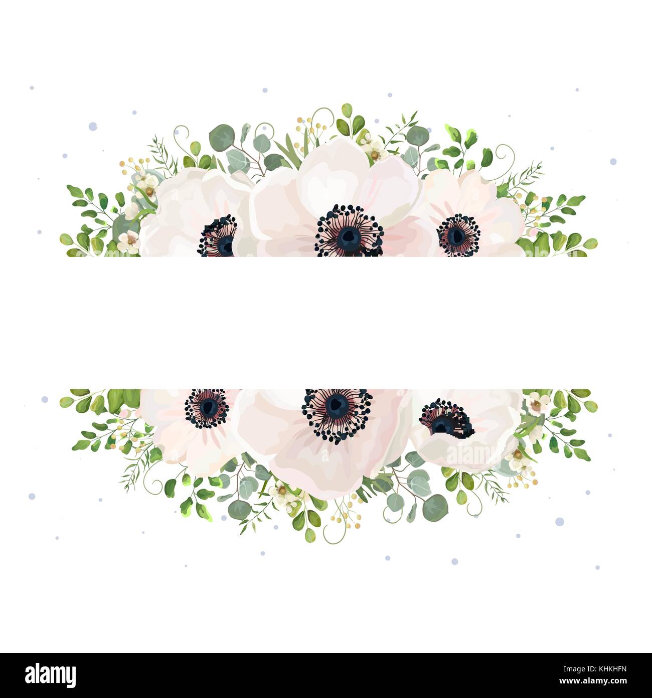 Vettore scheda floreali acquerello design: Giardino polvere bianco rosa fiore anemone ramo di eucalipto verde felce fiori di cera verde foglie prelevate berry rus Illustrazione Vettoriale