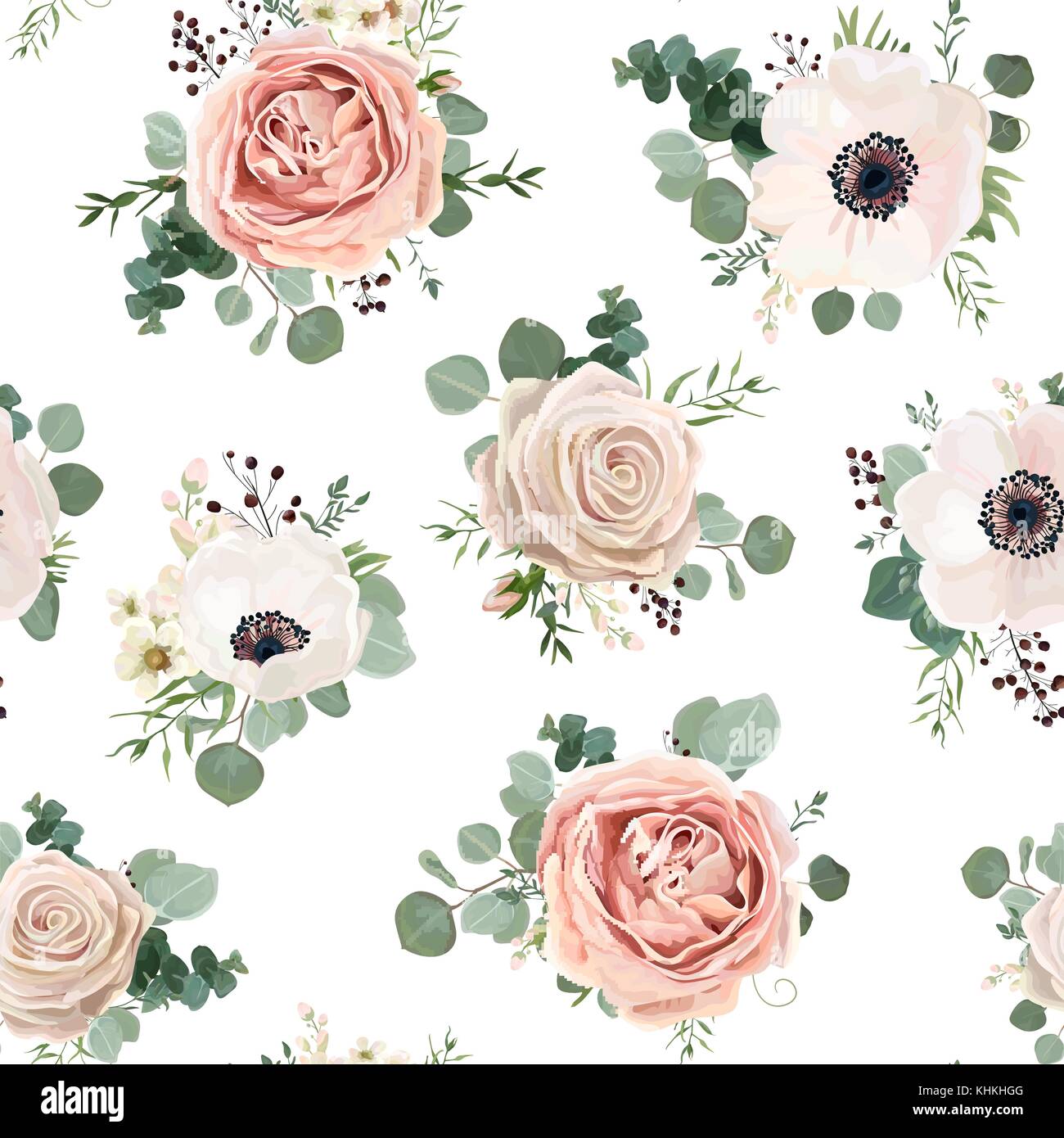 Modello senza giunture vettore acquerello floreali dal design in stile giardino: polvere bianca rosa fiore anemone argento ramo di eucalipto timo verde fiori di cera verde Illustrazione Vettoriale