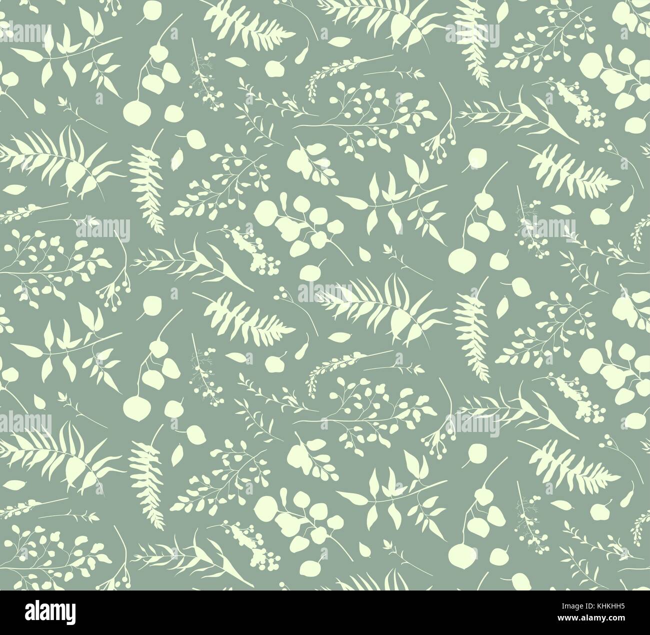 Modello senza giunture di eucalipto palm Fern Tree differenti, rami naturali, foglie, erbe e bacche di tacco disegnati a mano silhouette vettore acquerello bellezza el Illustrazione Vettoriale