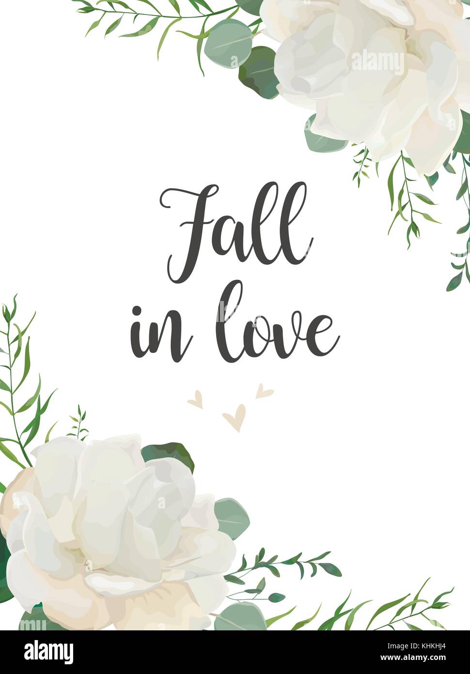 Vettore scheda floreali acquerello design: polvere di rose fiore bianco eucalipto ramo verde piccolo luogo fiori foglie verde erba disegnati a mano romantico rustico Illustrazione Vettoriale