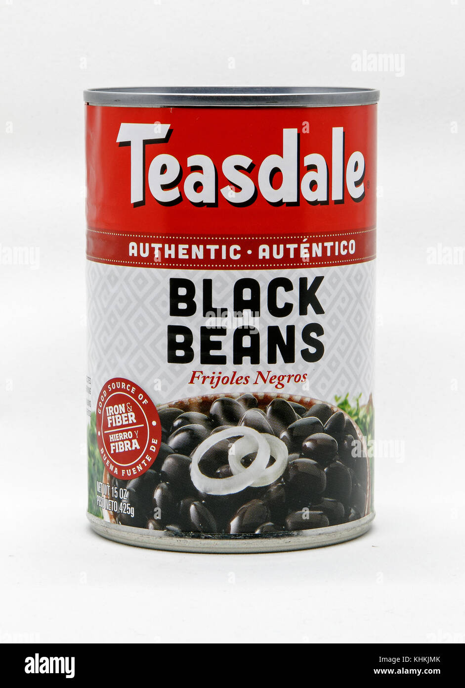 Può Teasdale di fagioli neri contro uno sfondo bianco. Foto Stock