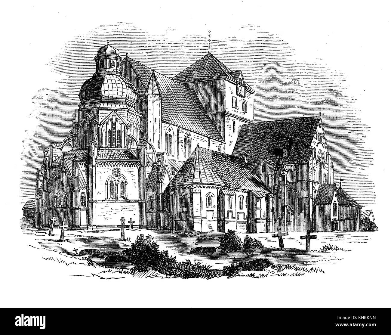 Cattedrale medievale di Nidaros, Trondheim, Norvegia in stile romanico e gotico, incisione del XIX secolo Foto Stock