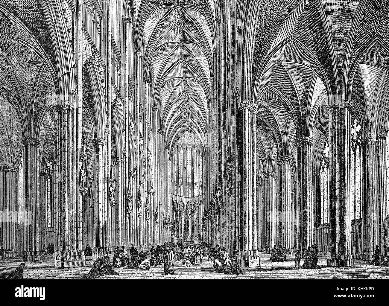 Cattedrale di Colonia, interni maestosi in stile gotico, incisioni d'epoca Foto Stock