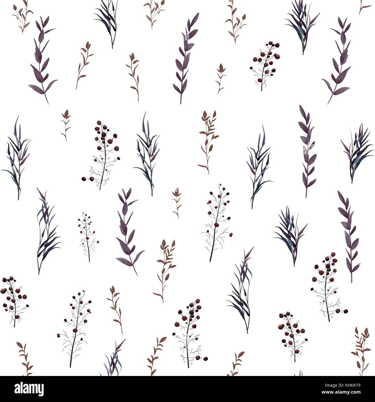 Modello senza giunture di autunno ,caduta foglie e bacche fogliame rami naturali, viola le erbe aromatiche, disegnati a mano ad acquerello. vettore, bellezza elegante sfondo, Illustrazione Vettoriale