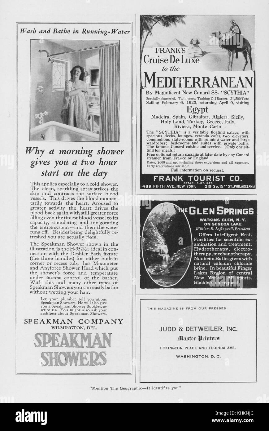 Un layout di rivista con quattro annunci pubblicitari, l'annuncio di mezza pagina presenta prodotti di docce Speakman, gli altri annunci sono per una crociera nel Mediterraneo da Frank's Tourist Co, un'attrazione turistica a Watkin's Glen, New York, e una società di stampa a Washington DC chiamata Judd and Detweiler, Inc, luglio 1922. Foto Stock
