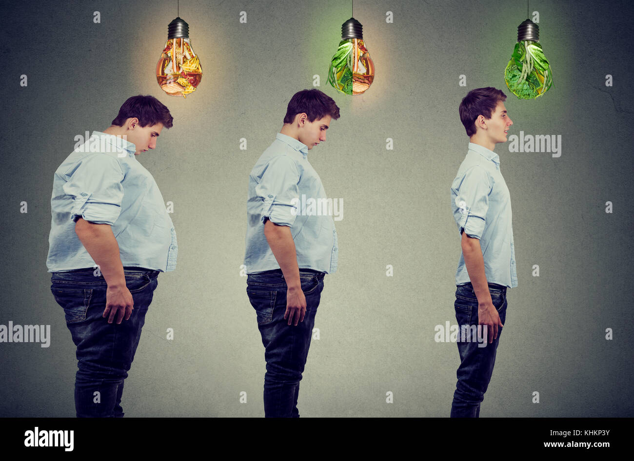 Dieta prima e dopo il concetto. giovane uomo grasso diventando slim guy. dieta scelta giusta nutrizione uno stile di vita sano concetto Foto Stock