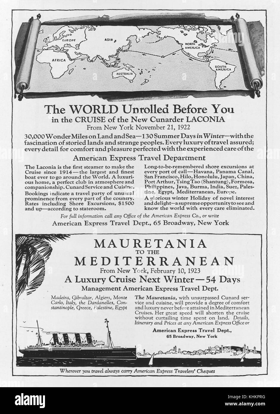Pubblicità per american express travel agency, comprese le immagini della Mauritania in nave a vapore, 1922. Foto Stock