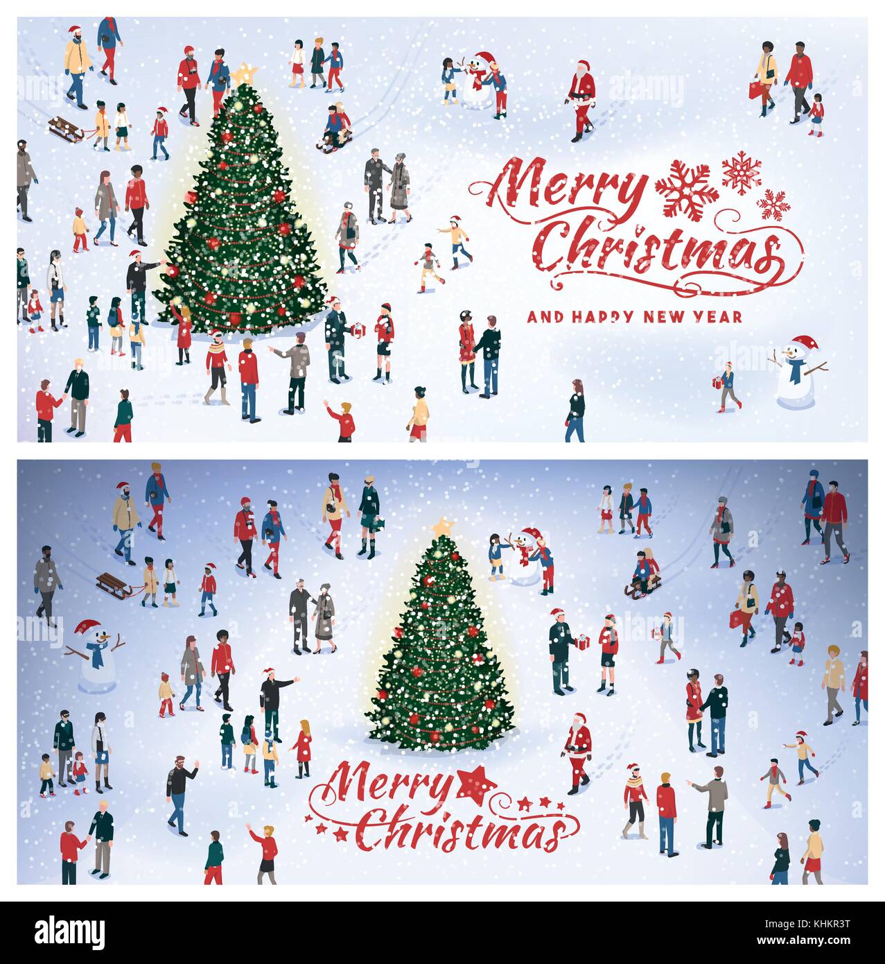 La folla di gente radunarsi intorno all'albero di Natale sotto la neve e celebrare insieme, scheda di natale Illustrazione Vettoriale