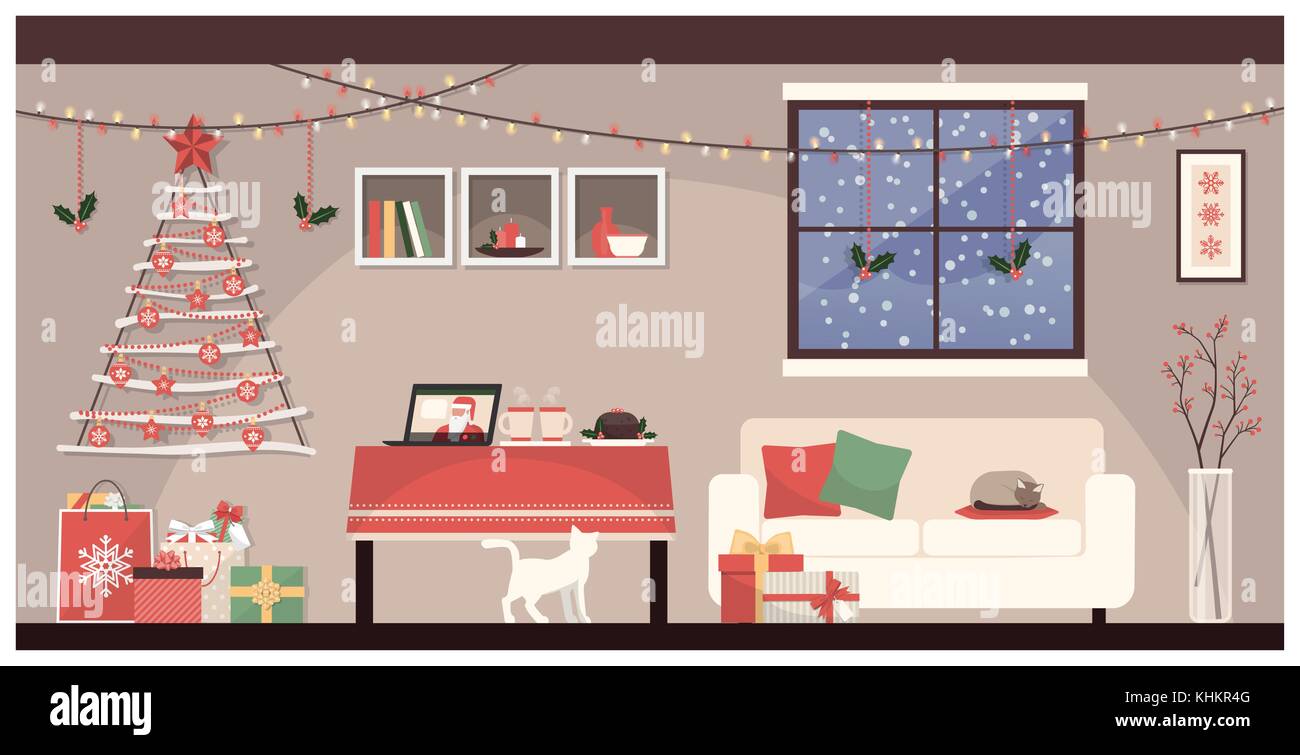 Casa contemporanea interno a Natale con decorazioni colorate, laptop e gatti Illustrazione Vettoriale