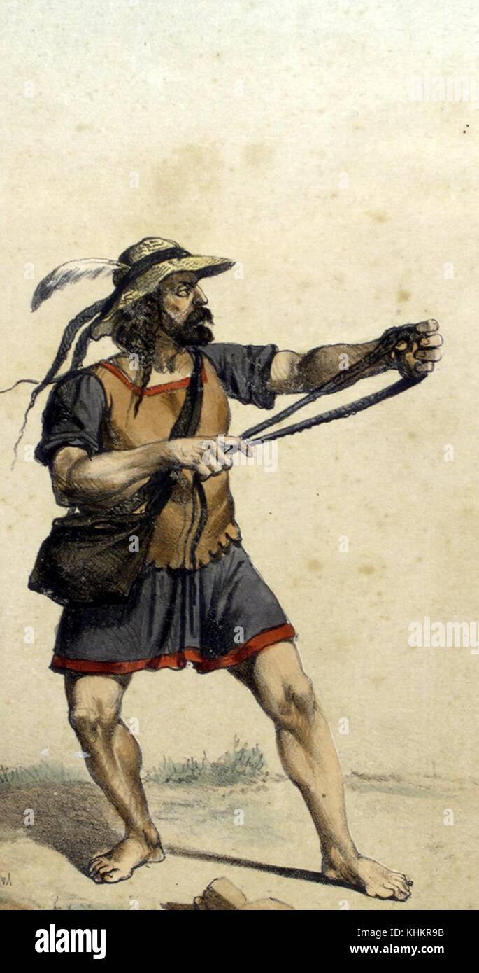 Litografia a colori raffigurante un soldato Baleari con slingshot, pre-romane comunità autonome spagnole stabilito nel Mediterraneo, dal libro Album de la Infanteria Espanola, dal generale Conde de Clonard, 1861. Dalla Biblioteca Pubblica di New York. Foto Stock