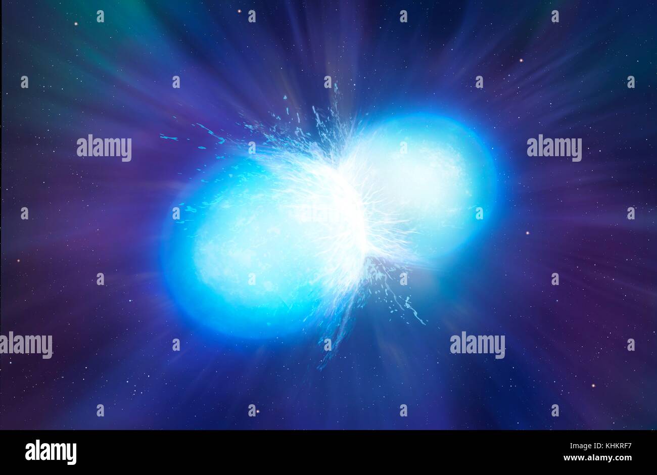 Le stelle di neutroni fusione, illustrazione. Le stelle di neutroni sono i resti delle stelle che hanno esaurito il combustibile e esplosa come supernova, eventualmente collassare in un nucleo superdense. Una tipica stella di neutroni ha una massa compresa tra 1.3 e 2.1 masse solari ma misure solo 10km di diametro. Le stelle di neutroni possono esistere come appaiati o binario, stelle. Visto qui è la fase finale, appena prima della fusione completa. Questo determina una violenta raffica di radiazione magnetica della durata di millisecondi. È suggerito che questa è la fonte di brevi lampi di raggi gamma. Foto Stock