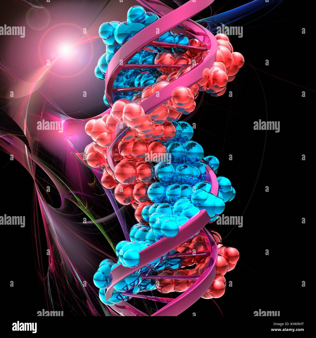 Illustrazione concettuale di un doppio filamento di DNA (acido desossiribonucleico) molecola. Il DNA è composto da due trefoli intrecciati in una doppia elica. Ciascun filamento è costituito da uno zucchero-ossatura di fosfato attaccata alle basi nucleotidiche. Ci sono quattro basi: adenina, citosina, guanina e timina. Le basi sono uniti tra di loro da legami idrogeno. Il DNA contiene sezioni chiamati geni che codificano il corpo di informazioni genetiche. Foto Stock