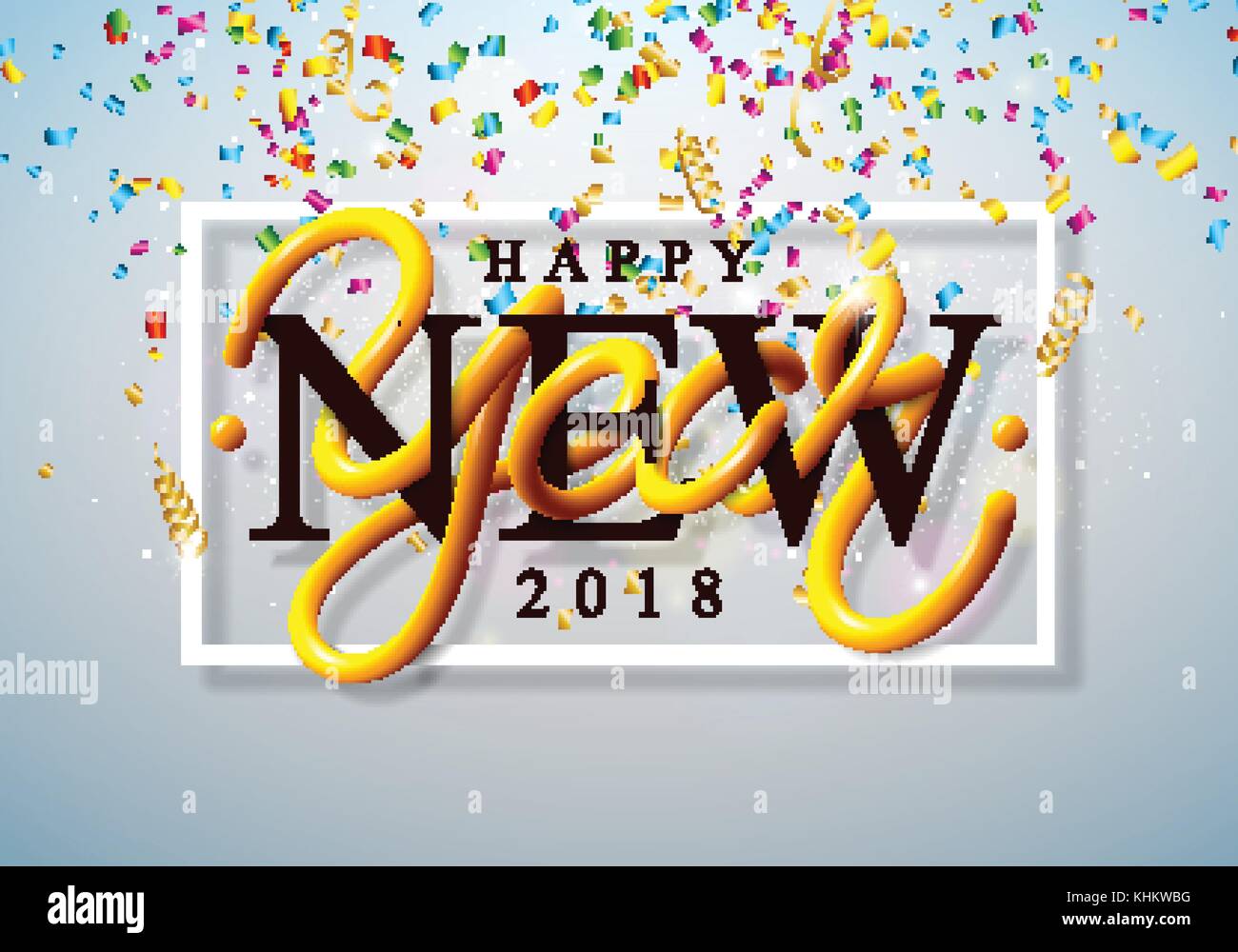 Felice anno nuovo 2018 illustrazione con colorati coriandoli e 3d scritte sulla luce brillante background. vettore design vacanze per premio biglietto di auguri, invito alla festa o banner promozionali. Illustrazione Vettoriale