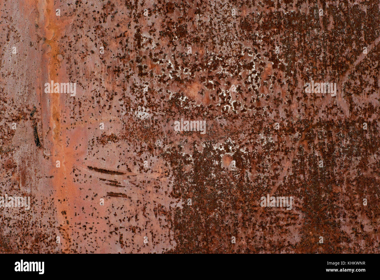 Background e texture: superficie del primed foglio metallico con macchie di ruggine e macchie di calcare Foto Stock